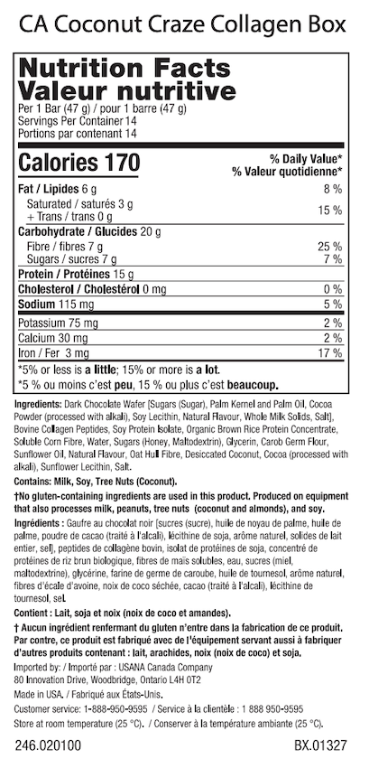 Canada Coconut Craze Bars USANA Supplelent Facts