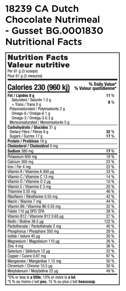 USANA Dutch Chocolate Soy Protein Nutrimeal™ Packets Canada Supplement Facts