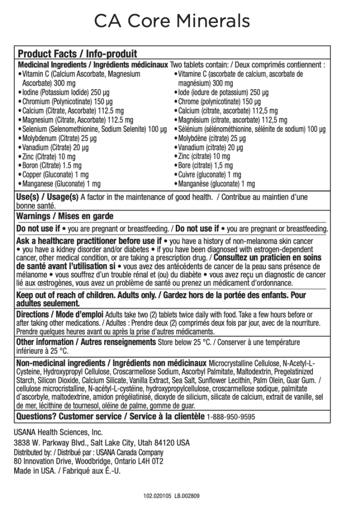 USANA Canada Core Minerals Supplement Facts