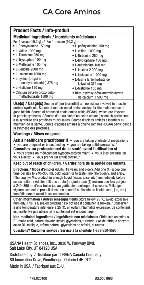 USANA Canada Core Aminos Supplement Facts