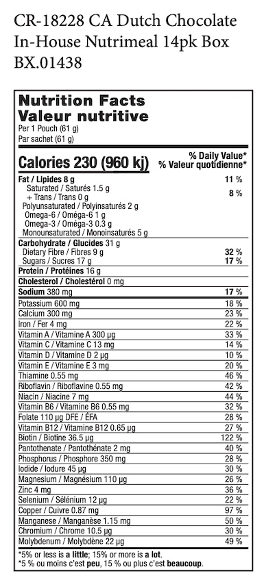 Canada USANA 14 Pack Chocolate Nutrimeal Supplement Facts