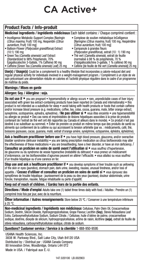 Canada USANA Active Plus Supplement Facts