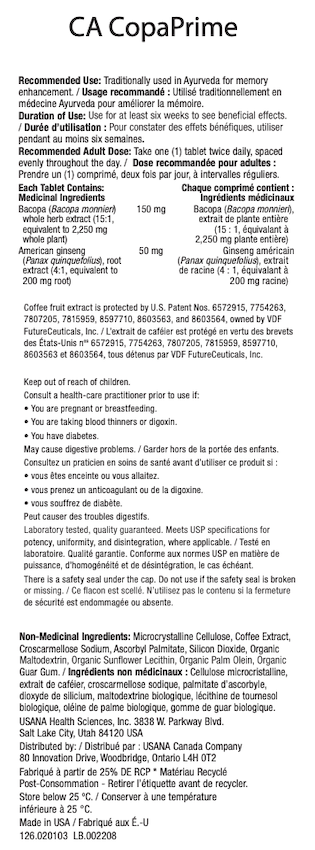 Canada USANA CopaPrime Plus Supplement Facts