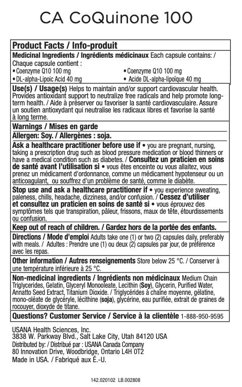USANA Canada CoQuinone 100 Supplement Facts
