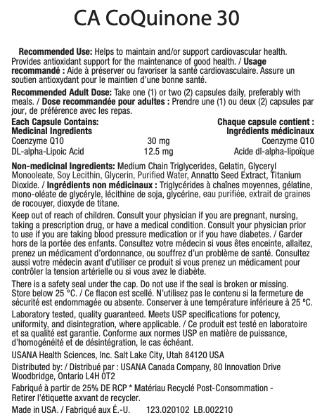 Canada USANA Coquinone 30 Supplement Facts