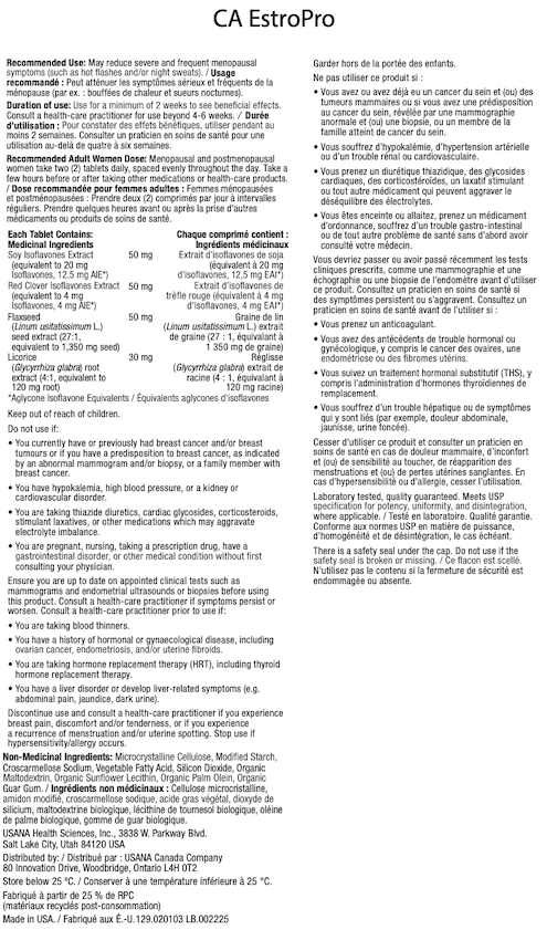 Canada USANA EstroPro Supplement Facts