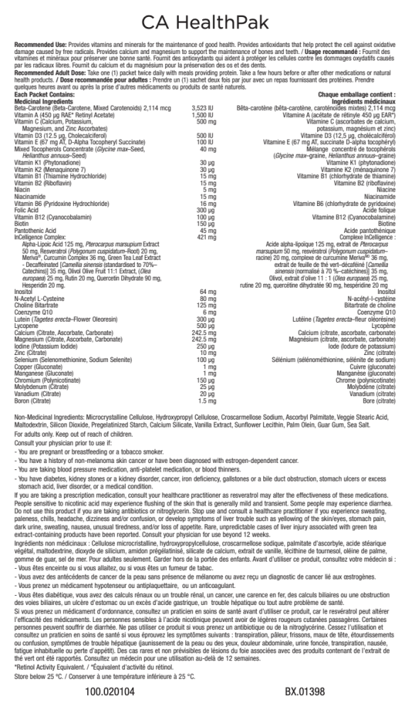 Canada USANA Healthpak Supplement Facts