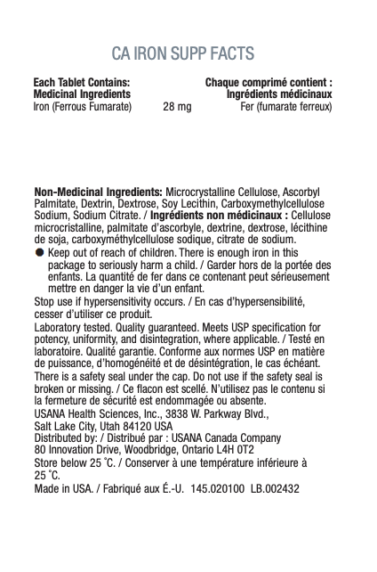 Canada USANA Iron Supplement Facts