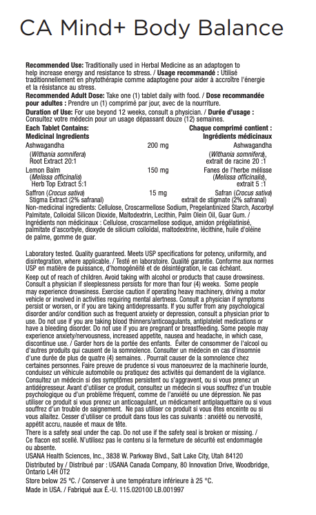 Canada USANA Mind + Body Balance Supplement Facts