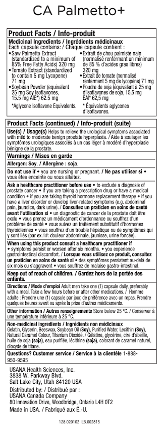 Canada USANA Palmetto Plus Supplement Facts