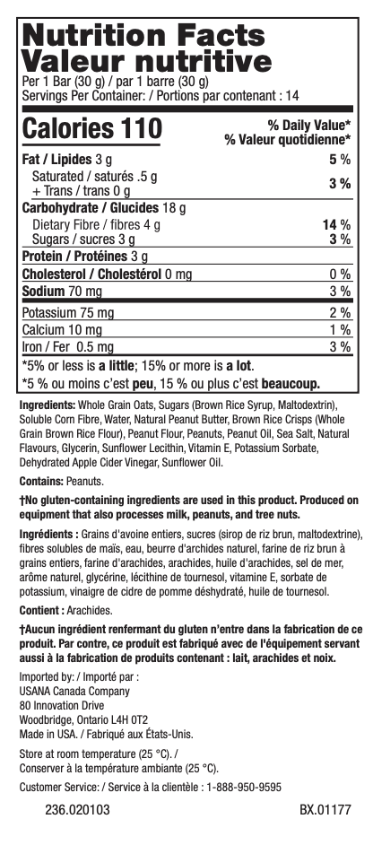 Canada USANA Peanut Butter Bars Supplement Facts