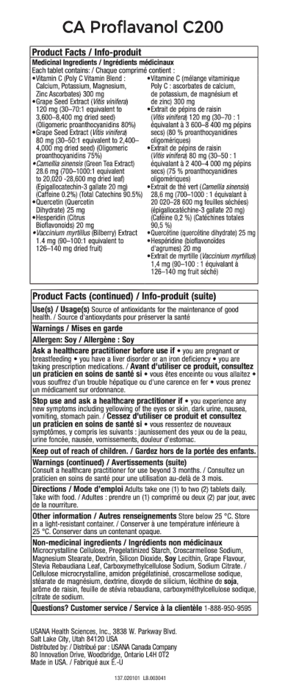 USANA Canada Proflavanol C200 Supplement Facts