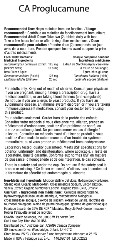 Canada USANA Proglucamune Supplement Facts