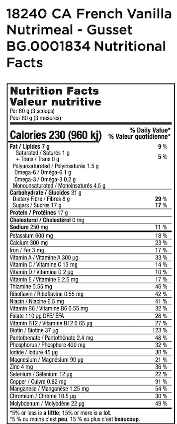 Canada USANA Vanilla Nutrimeal Supplement Facts