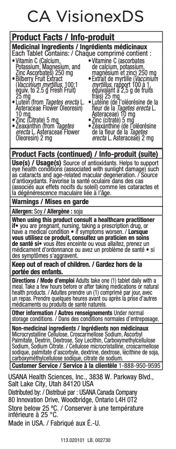 Canada USANA Visionex DS Supplement Facts