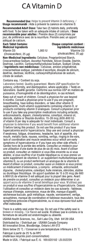 Canada USANA Vitamin D Supplement Facts