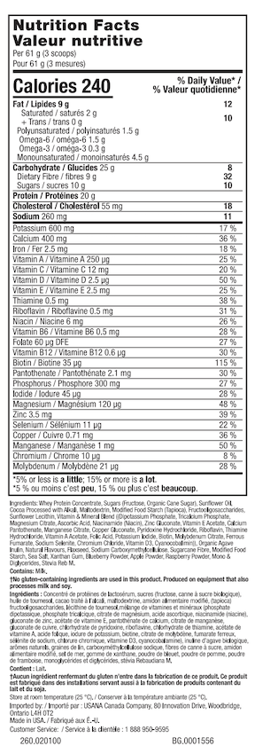 Canada USANA Chocolate Whey Nutrimeal Active Pouch Supplement Facts
